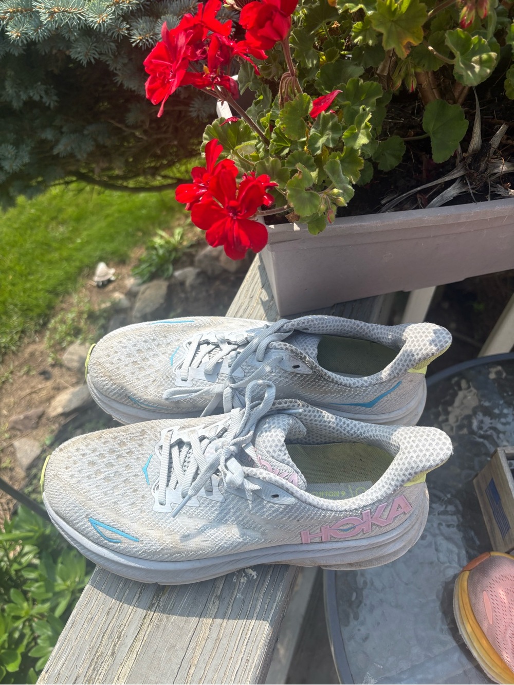 Hoka Women's Running Shoe in White with Pink, Blue & Lime Accents - Picture 3 of 6